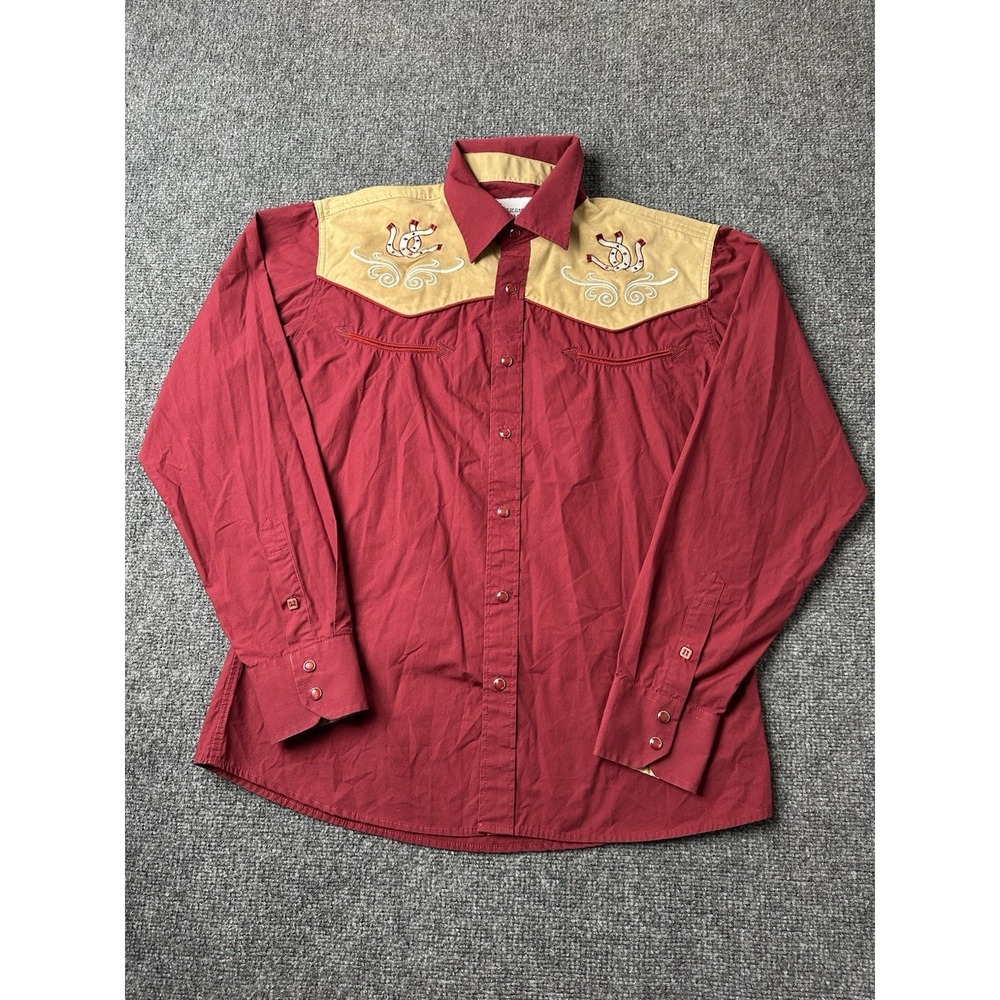 Mens Western Ace of Diamond Red Tan Embroidered Snap Shirt, Size M